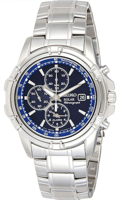 SEIKO Horlosie met Sonkrag-Chronograaf, Datumkalender en LumiBrite-wysers, Vlekvrye Staal en Waterbestand tot 100m - BLOU