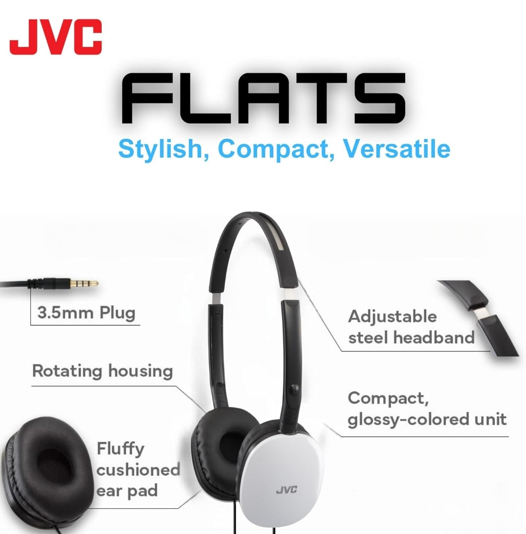 JVC Flats Oor-op-Oorfone met Draad - Plat Opvoubare Ontwerp - 30mm Drywer vir Kragtige Klank - Sagte Oorkussings vir Gemak – Staal Kopband - Liggewig & Draagbaar - Rekenaar/Skootrekenaar/Spel - 3.5mm Slank Prop