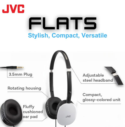 JVC Flats Oor-op-Oorfone met Draad - Plat Opvoubare Ontwerp - 30mm Drywer vir Kragtige Klank - Sagte Oorkussings vir Gemak – Staal Kopband - Liggewig & Draagbaar - Rekenaar/Skootrekenaar/Spel - 3.5mm Slank Prop