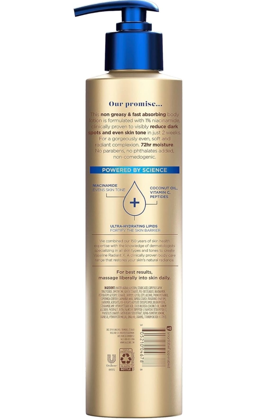 Vaseline Radiant X Even Tone Nourishing Body Lotion With 1% Niacinamide, Coconut Oil, Vitamin C, & Peptides 11 oz
