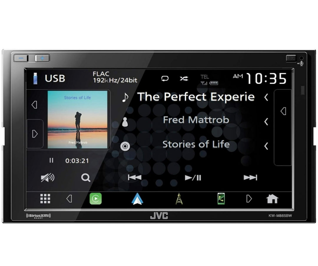 JVC KW-M865BW Ingeboude Wi-Fi vir Draadlose CarPlay Android Auto, 6.8" LCD-raakskerm, AM/FM, Bluetooth, MP3-speler, USB-poort, Dubbel-DIN, 13-band EQ, SiriusXM Motorradio
