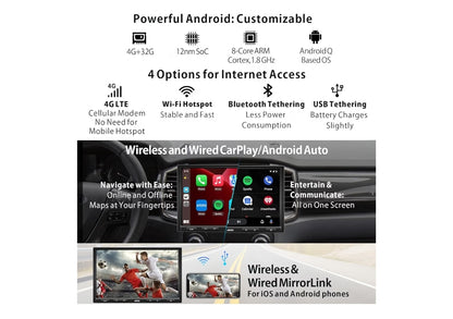 10.1" QLED Enkel Din & Dubbel Din Aanpasbare Android Kar Stereo, 4G+32G, Draadlose CarPlay & Android Auto, 4 Internet Opsies, Dubbele Bluetooth, 36-Band EQ, HDMI Invoer