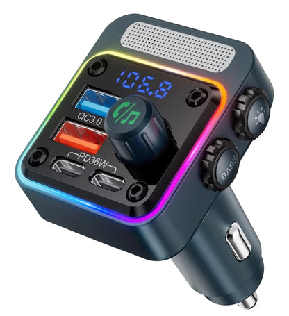 54W Bluetooth 5.3 Motorkaradapter met 4 Laaipoorte, Draadlose Radio FM-sender & 5 Kleure LED Agtergrondbeligting, Hands-free Oproepe - Blou