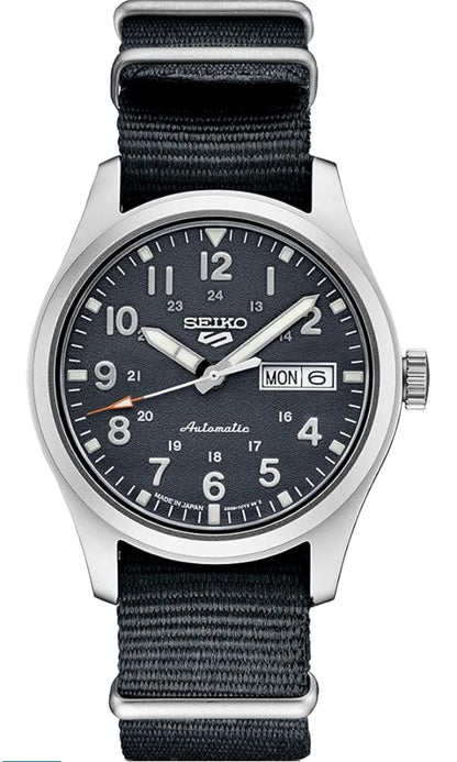 SEIKO Horlosie 5 Sports Outomaties met Handopwen-beweging, Swart Wysplaat, Vlekvrye Staal Kas, Swart Nylon Band, 100m Waterbestand