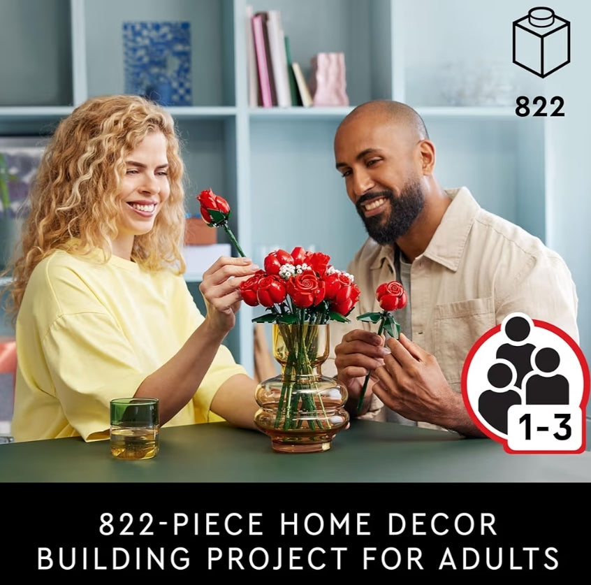 LEGO Botanicals Ruiker Rose Kunsblomme – Valse Rooi Rose Boustel vir Volwassenes, Ouderdomme 18+ – Huisdekor vir Tafeluitstalling
