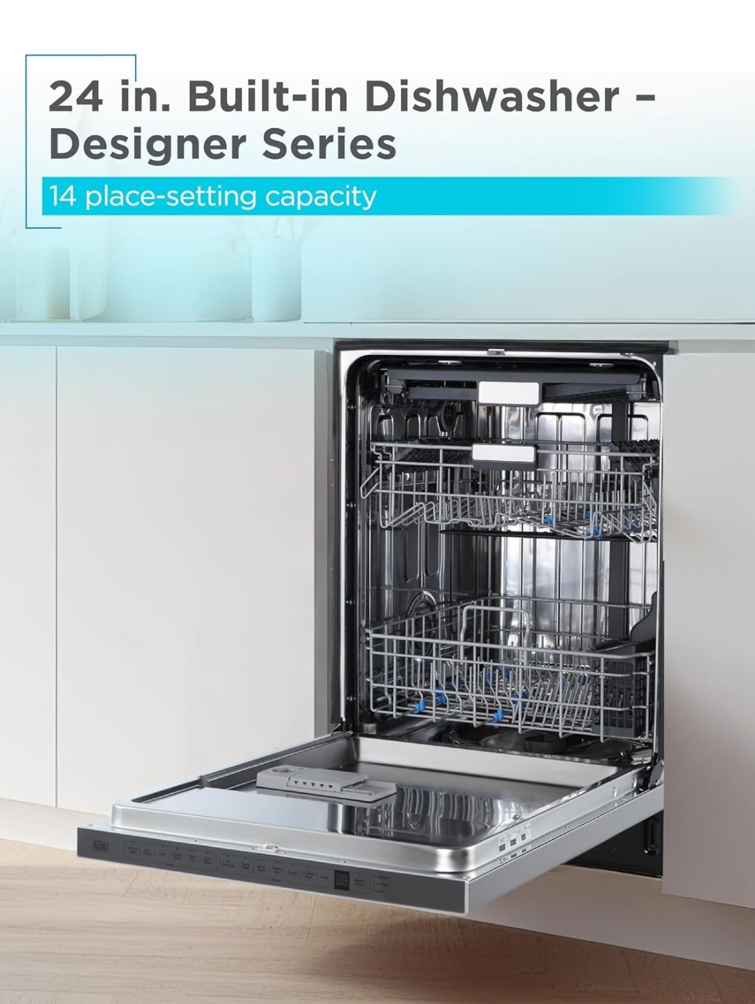 BLACK+DECKER 24" Designer Series Ingeboude Skottelgoedwasser, 14 Plekinstelling Kapasiteit met Vlekvrye Staalbad, 6 Wasprogramme en Slim Wasstelsel, Lae Geraas, ENERGY STAR Gesertifiseer, BDW400MS