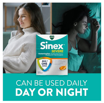 Vicks Sinex SEVERE LiquiCaps, All-In-One Sinusverligting, Maak Nie Lomerig Nie, Neusdekongestant