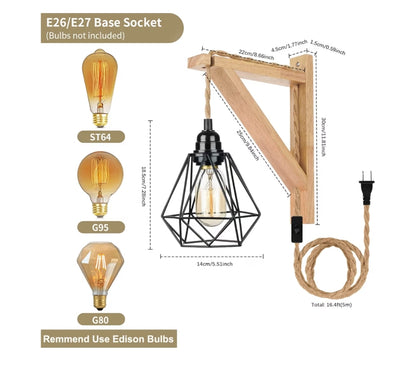 Hanglampe wat by Muurprop Insteek - Rustieke Muurgemonteerde Lamp met Houthakbeugel en Skakelaar