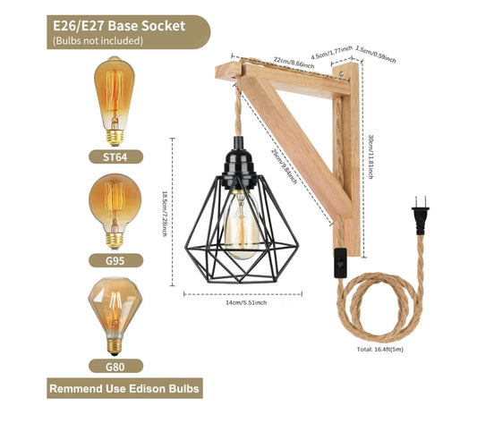 Hanglampe wat by Muurprop Insteek - Rustieke Muurgemonteerde Lamp met Houthakbeugel en Skakelaar