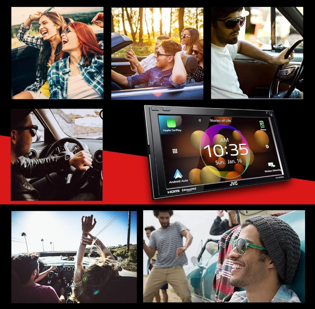 JVC Ingeboude Wi-Fi vir Draadlose CarPlay Android Auto, 6.8" LCD-raakskerm, AM/FM, Bluetooth, MP3-speler, USB-poort, Dubbel DIN, 13-band EQ, SiriusXM Motorradio