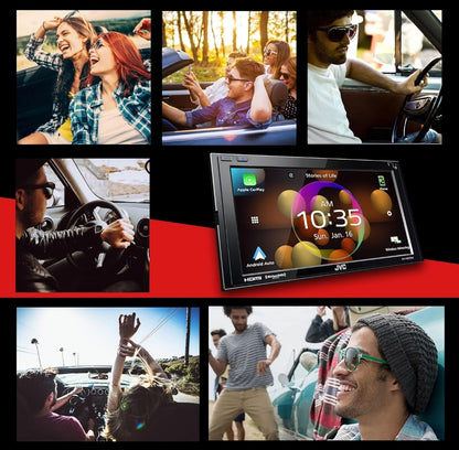 JVC Ingeboude Wi-Fi vir Draadlose CarPlay Android Auto, 6.8" LCD-raakskerm, AM/FM, Bluetooth, MP3-speler, USB-poort, Dubbel DIN, 13-band EQ, SiriusXM Motorradio