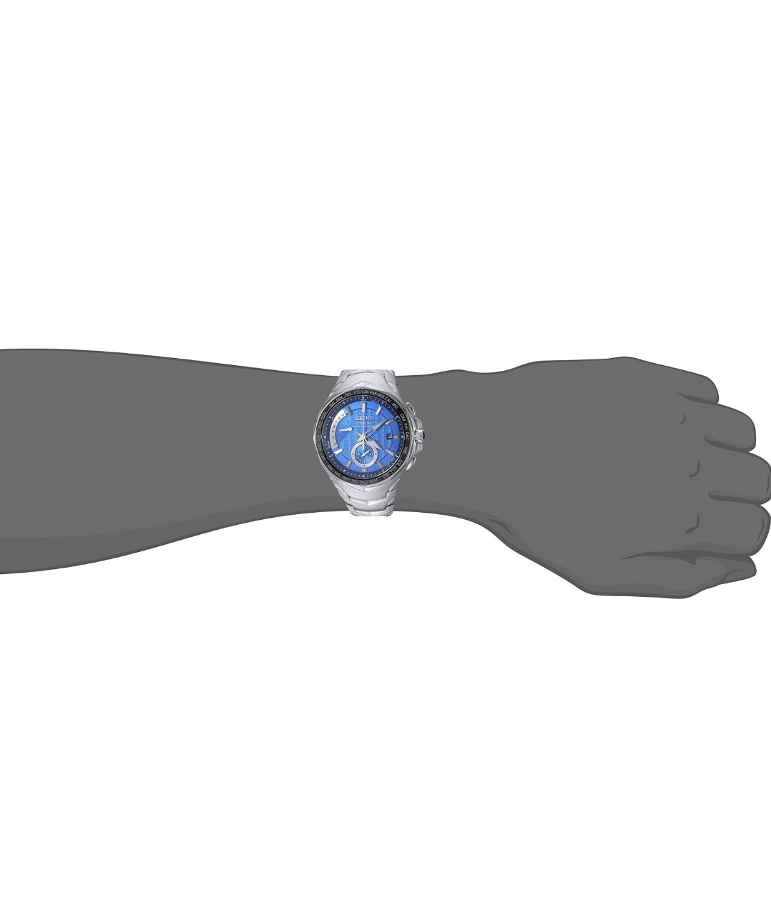 SEIKO-horlosie vir Mans - Coutura-versameling - Radiosinkroniserende Sonkrag-chronograaf, Tweekleurige Vlekvryestaal-kas en -armband, Swart Horlosieplaat met Lumibrite-wysers en -merkers, en Datumkalender