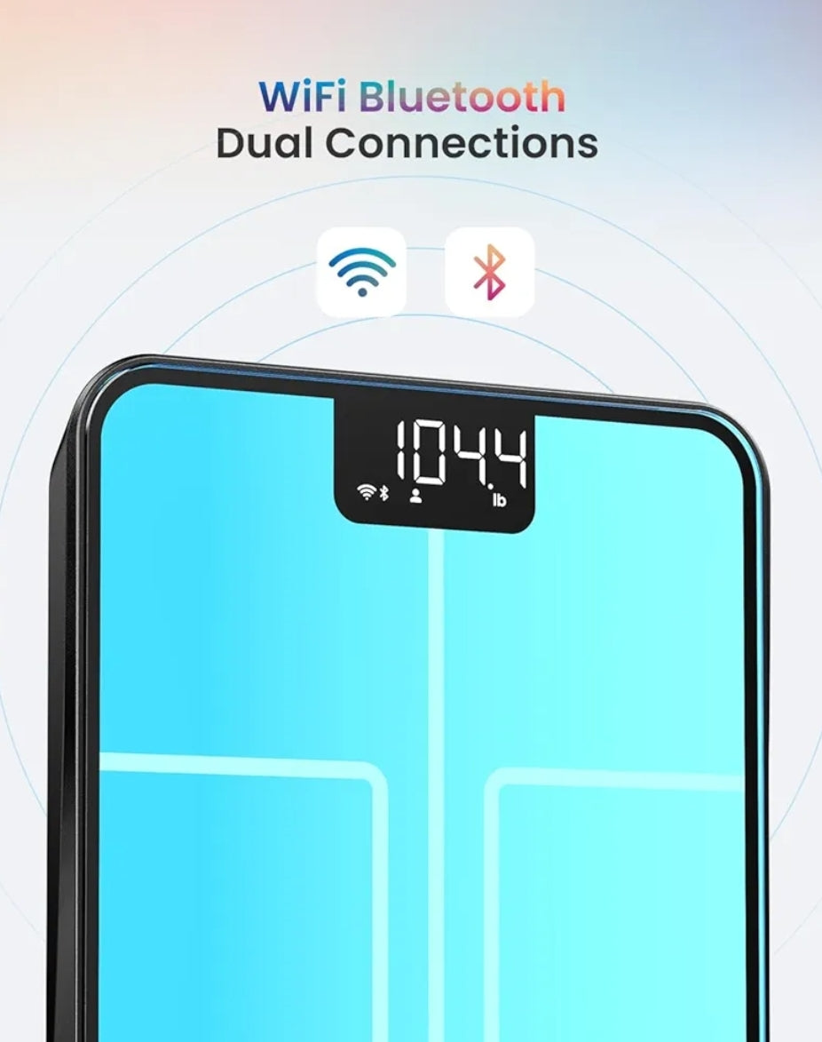 Smart Scale for Body Weight, BMI, Body Fat, Muscle Mass, BT Wi-Fi Rechargeable Scale, RGB Lighting Color Changing Scale, Sync with Fitness App