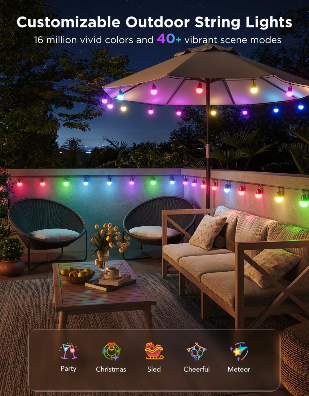 Govee Smart Outdoor String Lights 2, 48ft Outdoor Lights with Dimmable Warm White LED Bulbs, 47 Scene Modes for Patio, Backyard, Balcony, IP65 Waterproof, Works with Alexa, App Control