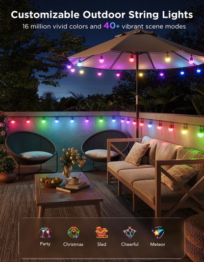 Govee Smart Outdoor String Lights 2, 48ft Outdoor Lights with Dimmable Warm White LED Bulbs, 47 Scene Modes for Patio, Backyard, Balcony, IP65 Waterproof, Works with Alexa, App Control