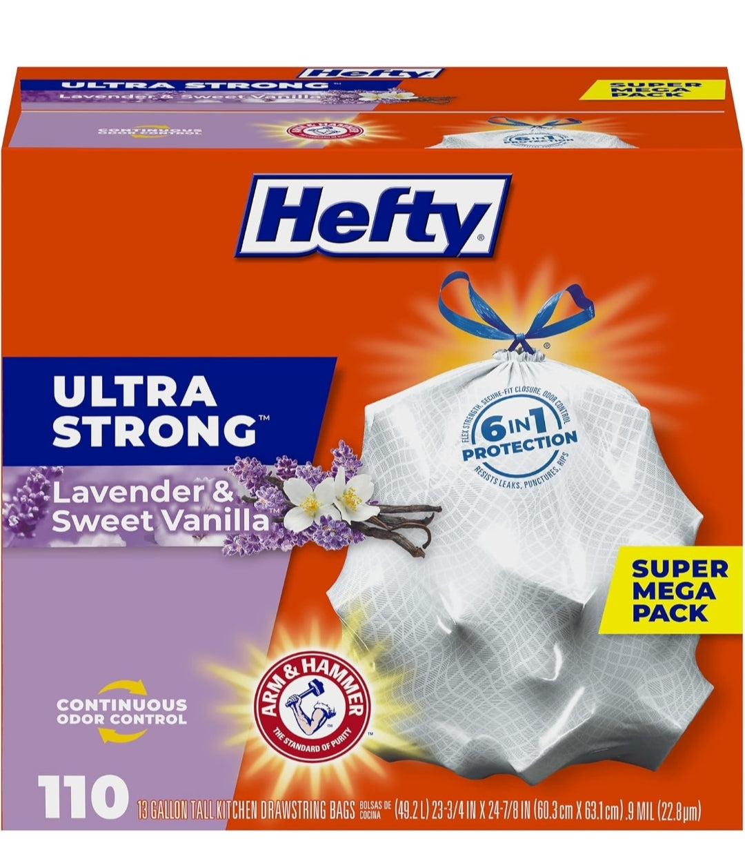 Hefty Ultra Strong 13 Gallon Trash Bags 13 Gallon Size, Drawstring Closure Odor Control/White, Lavender & Sweet Vanilla Scent