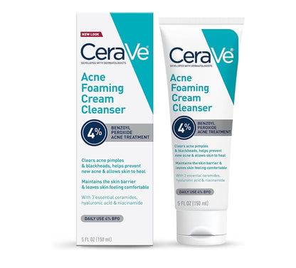 CeraVe Aknee Skuimende Roomreiniger, 4% Bensielperoksied Gesigwas met Hialuroonsuur, Niasinamied en Seramiede