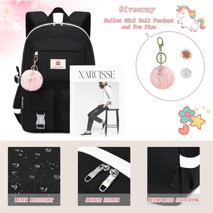 Backpack for Girls Laptop Backpacks 15.6 Inch College Cute Bookbag Anti Theft Primary Elementary School Bag Casual Daypack for Students Teens Girl Women (Black)