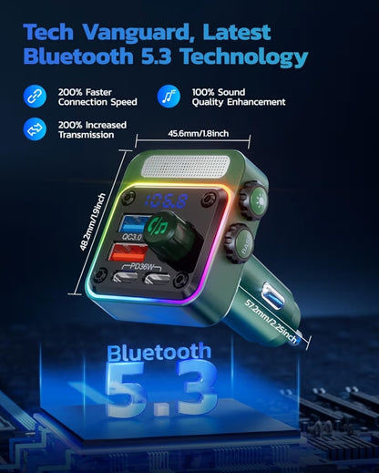 54W Bluetooth 5.3 Motoradapter met 4 Laaipoorte, Draadlose Radio FM-sender & 5 Kleure LED-agterlig, Hands-Free Oproepe – Groen