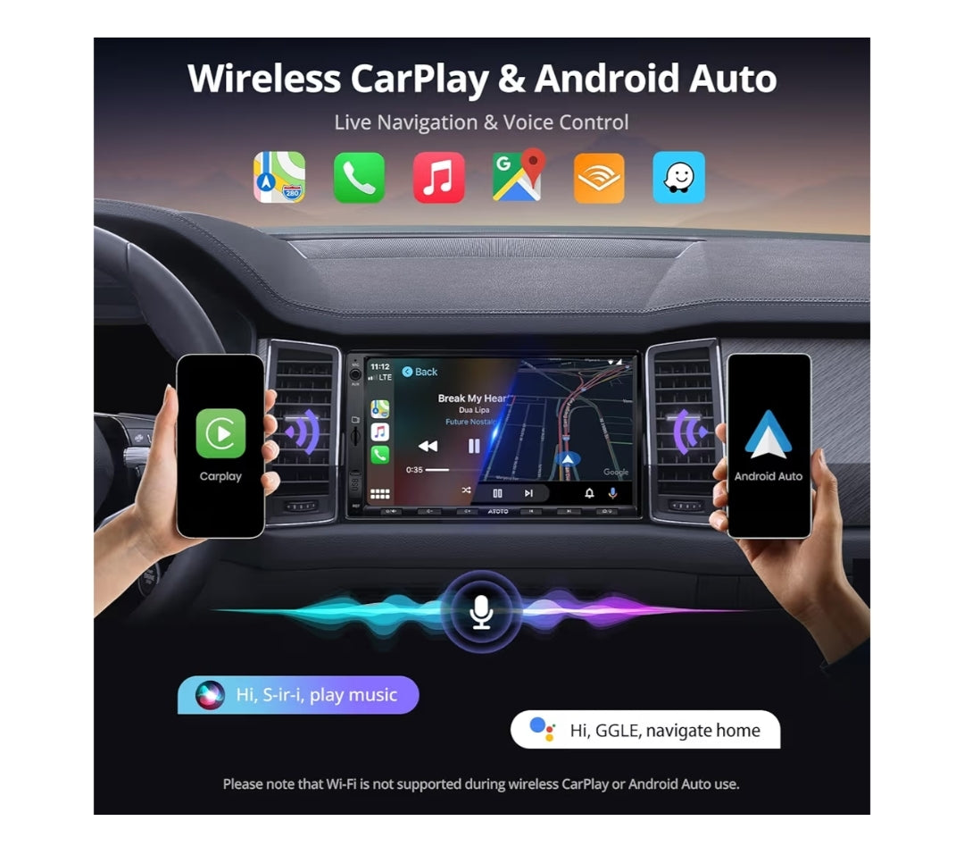 7" Dubbel-DIN Kar Stereo, Draadlose CarPlay & Android Auto raakskerm, Wi-Fi/BT/USB-ankering, Bluetooth, 24B-EQ DSP, MirrorLink, GPS/SWC/FM/AM, AI Chat