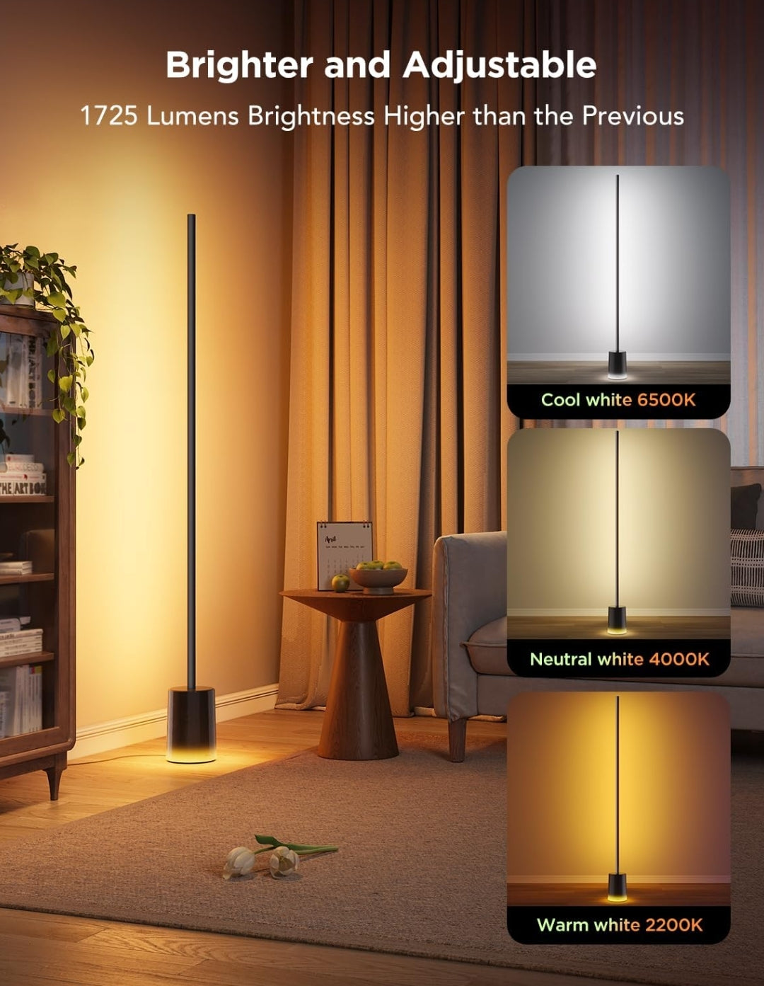Govee Floor Lamp 2 with Matter, RGBIC, Warm Cool White LED, Alexa Compatible, 1725lm, Music Sync, Scene Modes, Smart Floor Lamp for Living Room, Bedroom, Black(1 Pack)