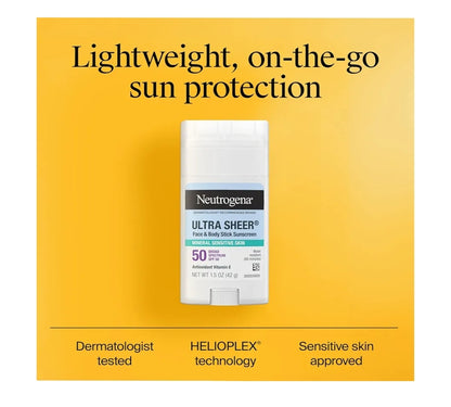 Neutrogena Ultra Sheer Dry Touch SPF 50 Minerale Sonskermstokkie vir Sensitiewe Vel Geen Wit Residu & Veganisties - 1.5 oz
