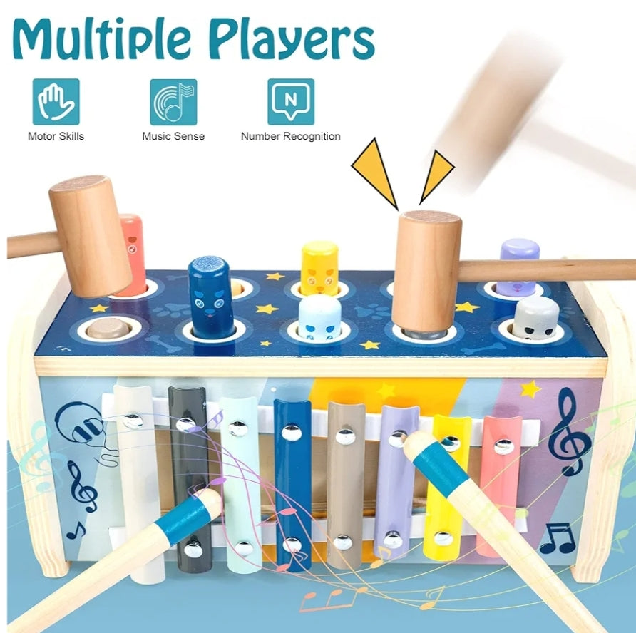 Pounding Bench Educational Toy Wooden Hammering & Activity Board w/ Xylophone, Number Maze