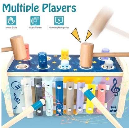 Pounding Bench Educational Toy Wooden Hammering & Activity Board w/ Xylophone, Number Maze