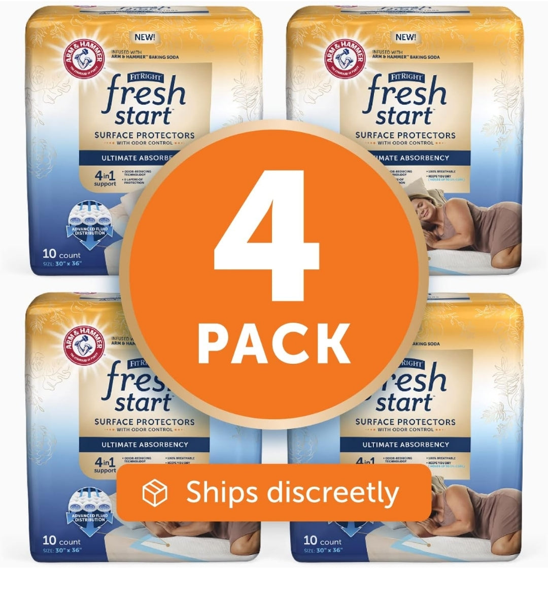 FitRight Fresh Start Disposable Underpads Absorbent w/ Odor-Control Power of ARM & HAMMER (10CT Pack of 4)