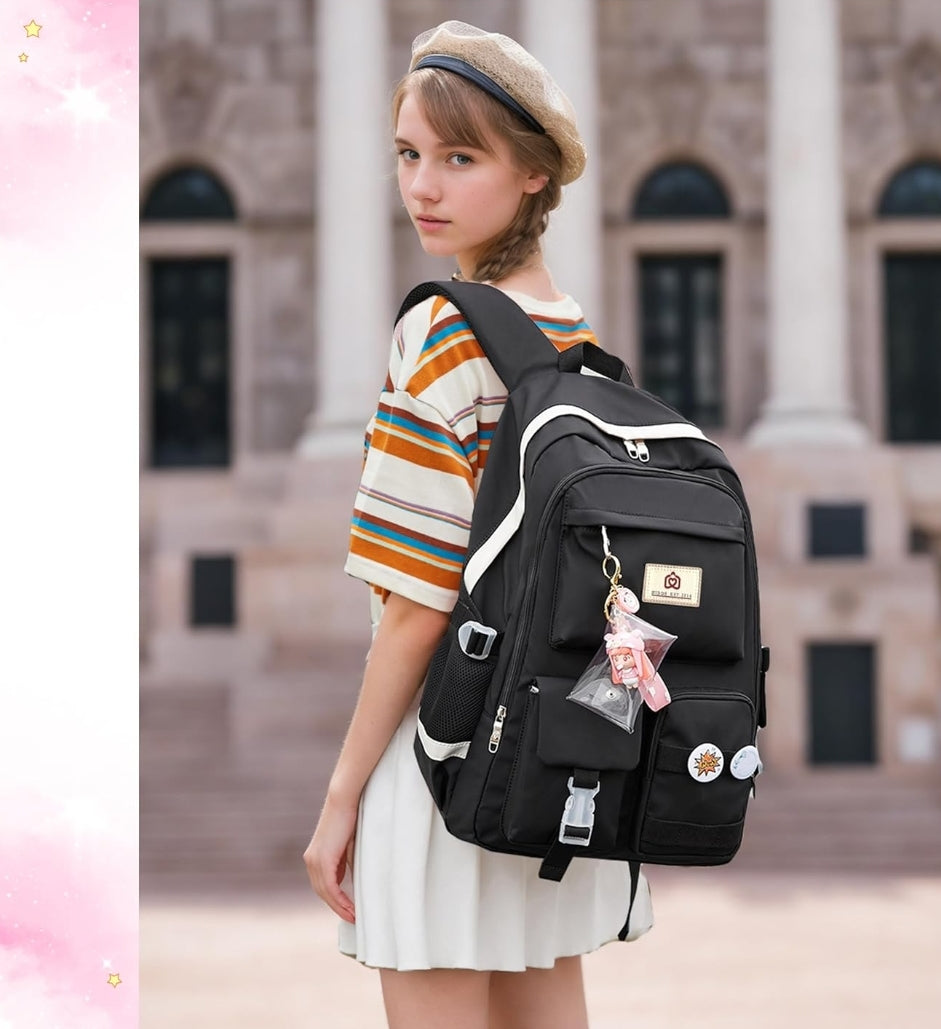 Backpack for Girls Laptop Backpacks 15.6 Inch College Cute Bookbag Anti Theft Primary Elementary School Bag Casual Daypack for Students Teens Girl Women (Black)