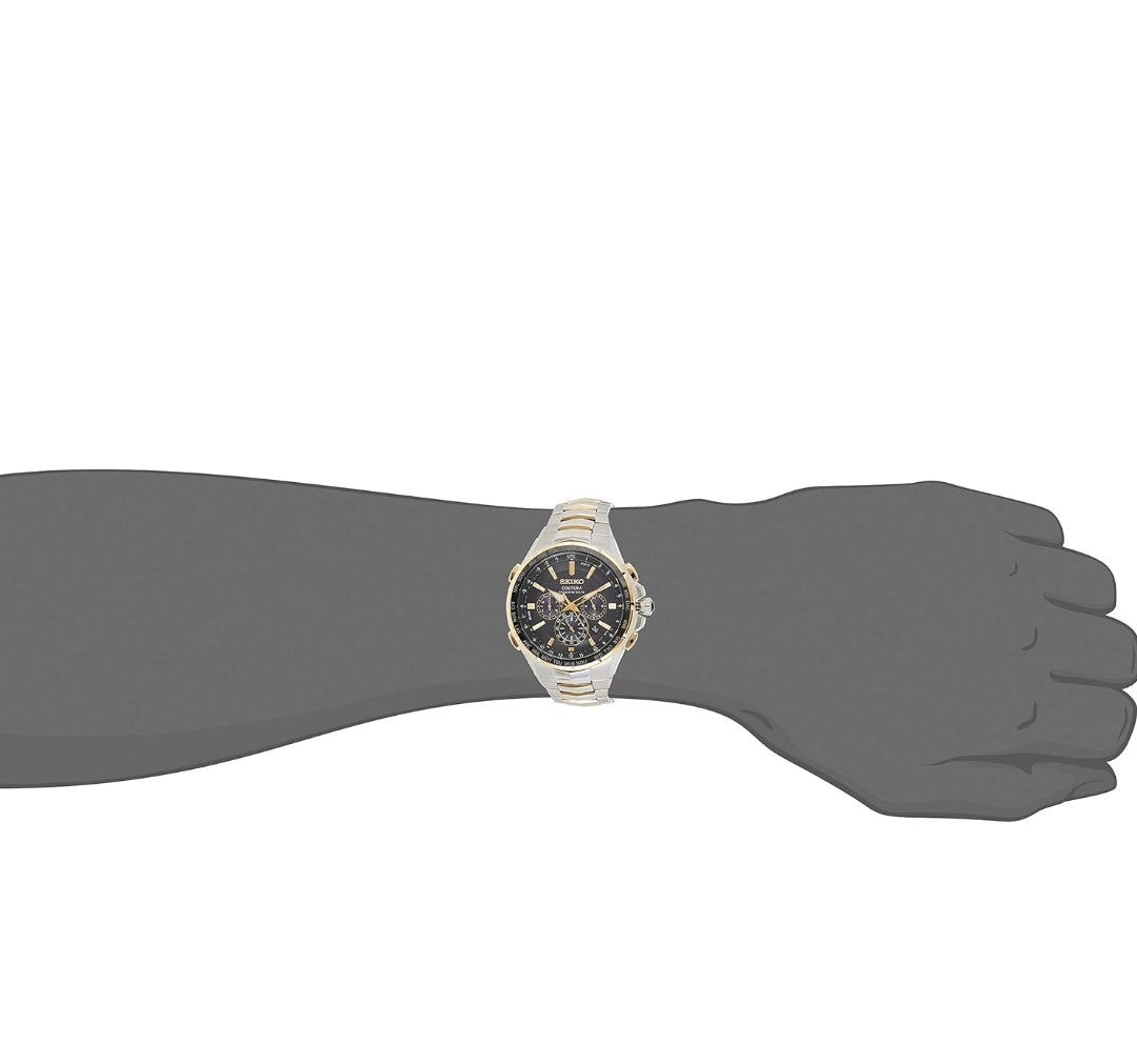 SEIKO Horlosie vir Mans - Coutura Versameling - Radio Sync Sonkrag Chronograph, Tweekleurige Vlekvrye Staal Kas & Armband, Swart Wysplaat met Lumibrite Wyser & Merkers, en Datum Kalender