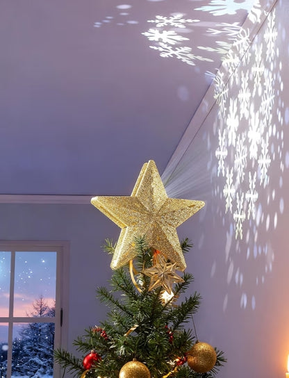 Kersboom-topliggie met ster, 3D hol glinsterend met roterende magiese koelwit sneeuvlokkieprojektor - (Goud)