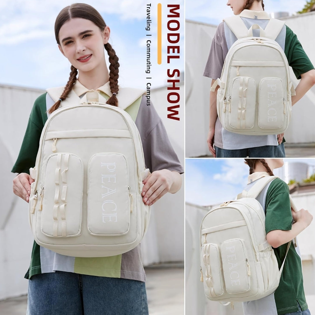 College Bookbag Laptop Backpacks 15.6 Inch Kids Elementary School Bag for Teens Girls Boys Water Resistant Sport Travel Back Pack Women Men Work Business Computer Rucksack Off White