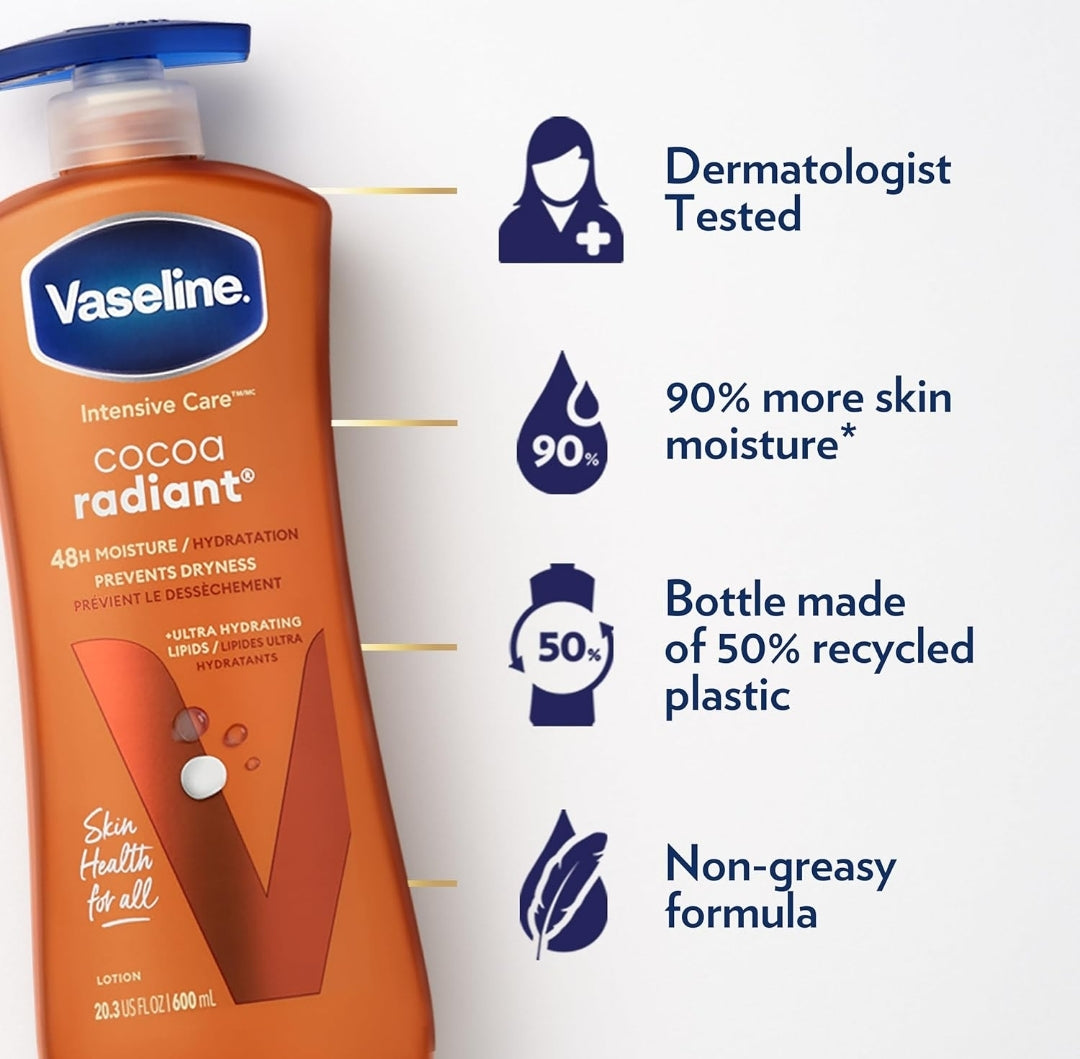 Vaseline Intensive Care Body Lotion Cocoa Radiant 4 Count for Dry Skin Lotion Made with Ultra-Hydrating Lipids and Pure Cocoa Butter for a Long-Lasting, Radiant Glow 20.3 Oz
