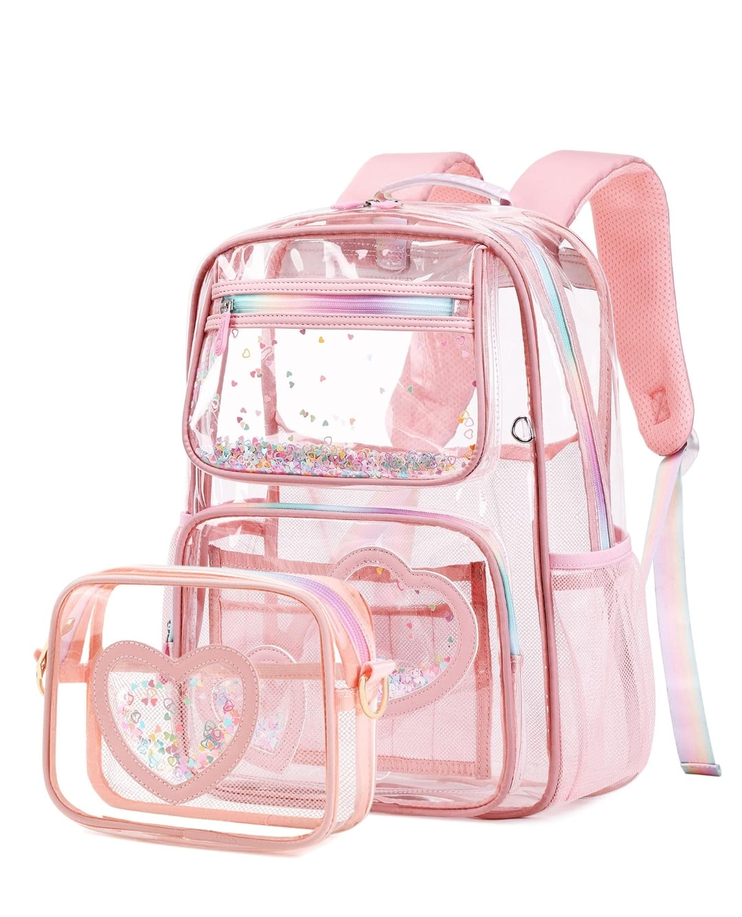 Girls Clear Backpack,2 PCS Large Backpacks Set,Heavy Duty Bookbag Stadium Approved Daypack Transparent Women Bag See Through Daypack for Kids Elementary Middle School Students Teens Sport Pink