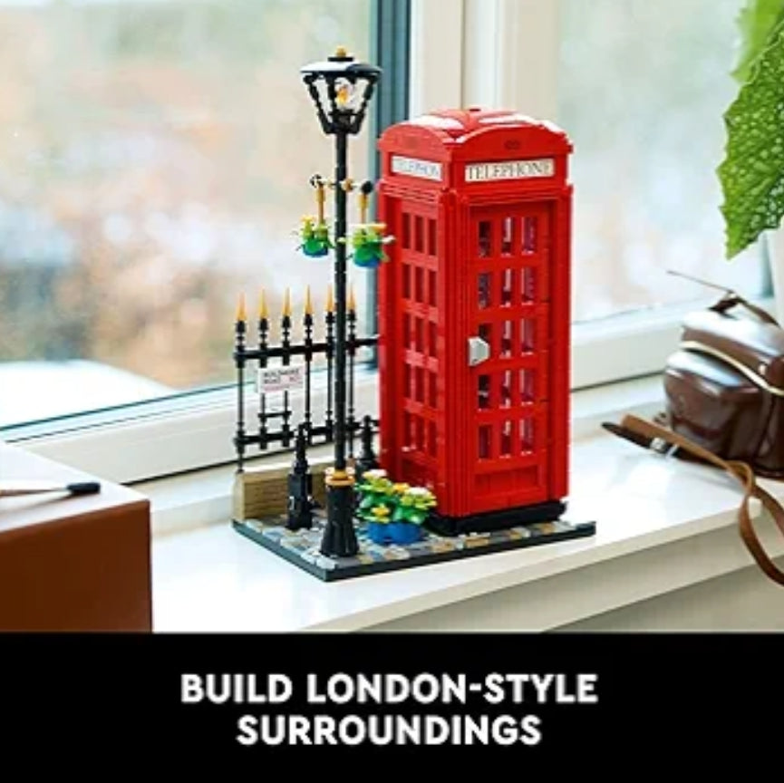 LEGO Ideas Red London Telephone Box Model - London Phone Booth and Cell Phone Holder for Build and Display (21347)