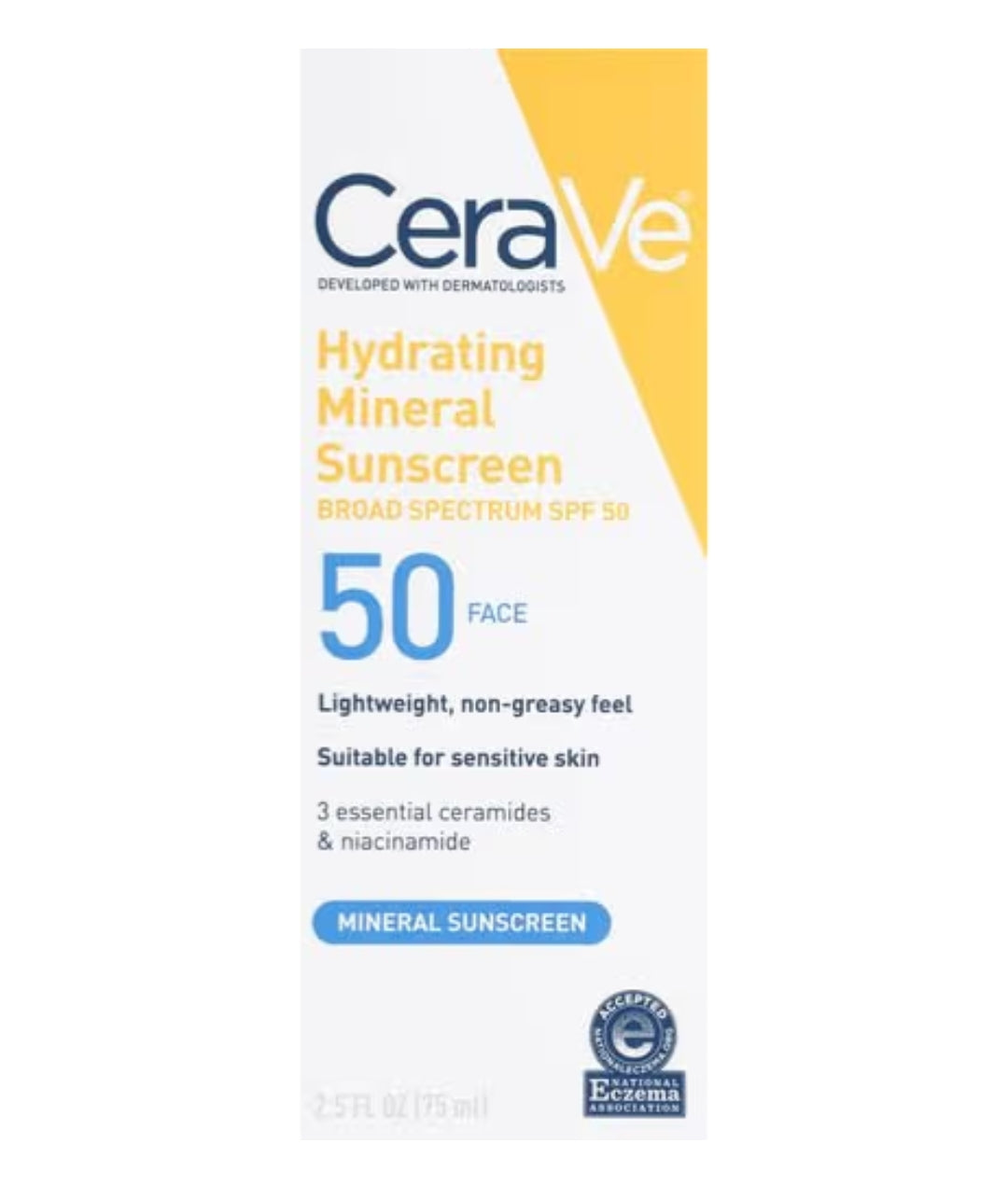 CeraVe 100% Minerale Sonbrandroom SPF 50, Gesigsonbrandroom met Sinksoksied en Titaandioksied, Hialuronzuur + Niasienamied Reisgrootte (2.5 oz)