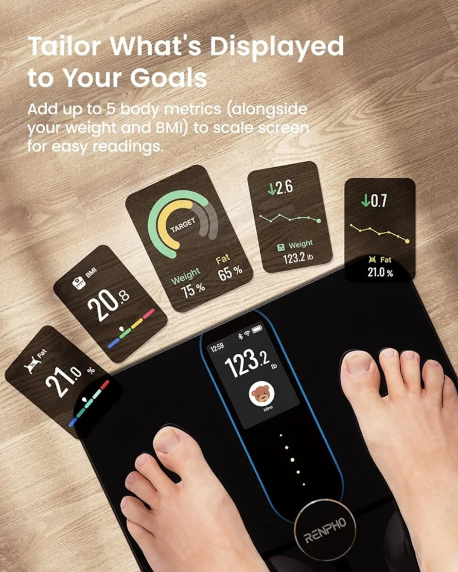Smart Scale with Color Display, Wi-Fi & Bluetooth Fitness Equipment for BMI Muscle Mass Composition - Rechargeable