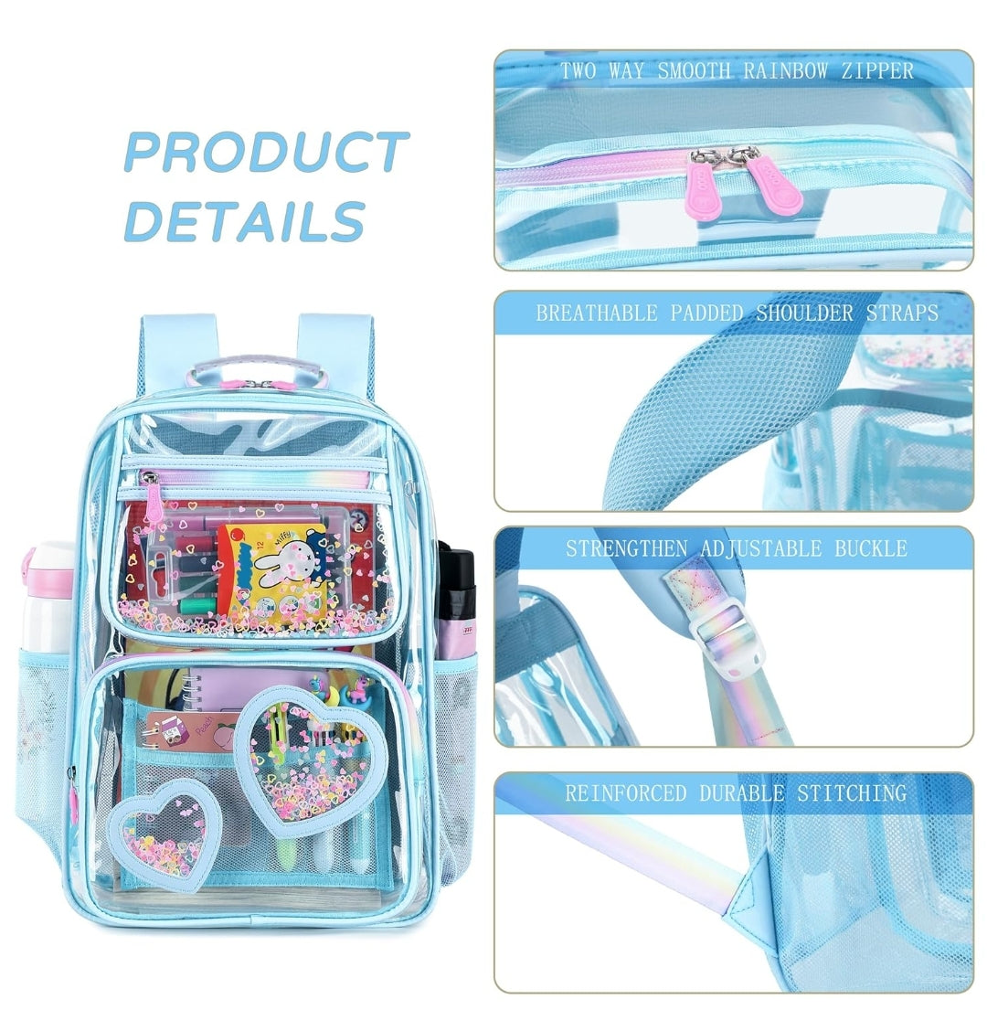 Clear Backpack for Girls Women Transparent Kids Elementary College School Bag Travel Laptop Backpacks Large Bookbags (Blue)