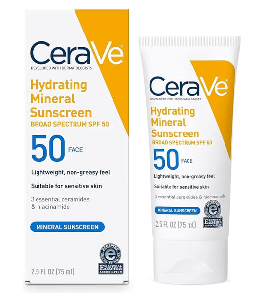 CeraVe 100% Minerale Sonbrandroom SPF 50, Gesigsonbrandroom met Sinksoksied en Titaandioksied, Hialuronzuur + Niasienamied Reisgrootte (2.5 oz)