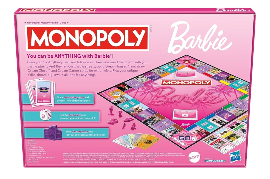 Monopoly: Barbie Edition Board Game with 6 Barbie-Themed Pink Zinc Tokens