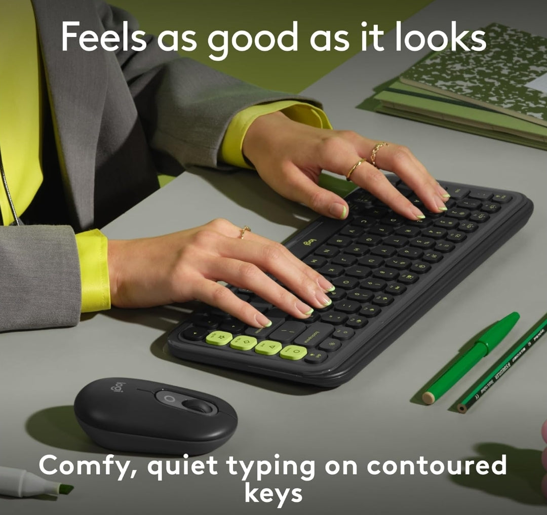 Logitech POP ICON Keys Wireless Bluetooth Keyboard, Comfortable Typing, Programmable Keys, Easy-Switch Between up to 3 Devices, for Laptop, Tablet, PC – Graphite and Green