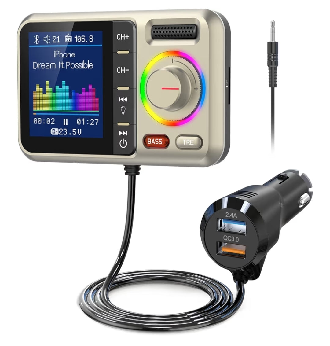 Bluetooth FM Versender Adapter, Ondersteun QC3.0 Vinnige Laai, Handsfree Oproep, MP3 Musiekspeler TF Kaart AUX - Geel