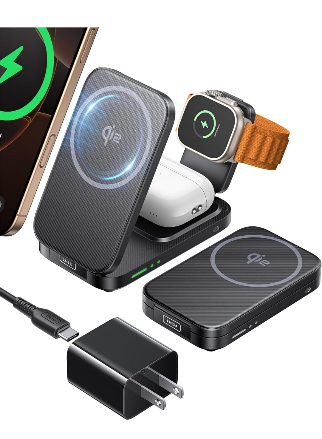 INIU 3 in 1 Wireless Charging Station, Qi2 Certified 15W Travel Charger for Apple Multiple Devices, Foldable Charger Stand for iPhone 16 15 14 13 12 Series Apple Watch AirPods (with Adapter)