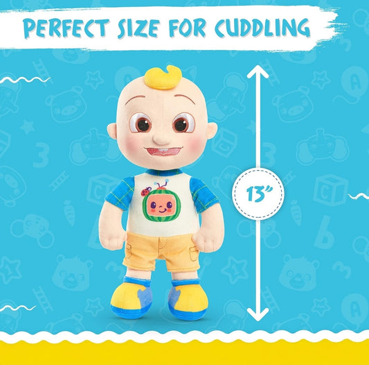 Just Play Cocomelon 100% Herwonne Materiaal 13-duim JJ Pluizige Vulpop, Super-Sag en Drukbaar, Kinderspeelgoed vir Ouderdomme 18 Maande
