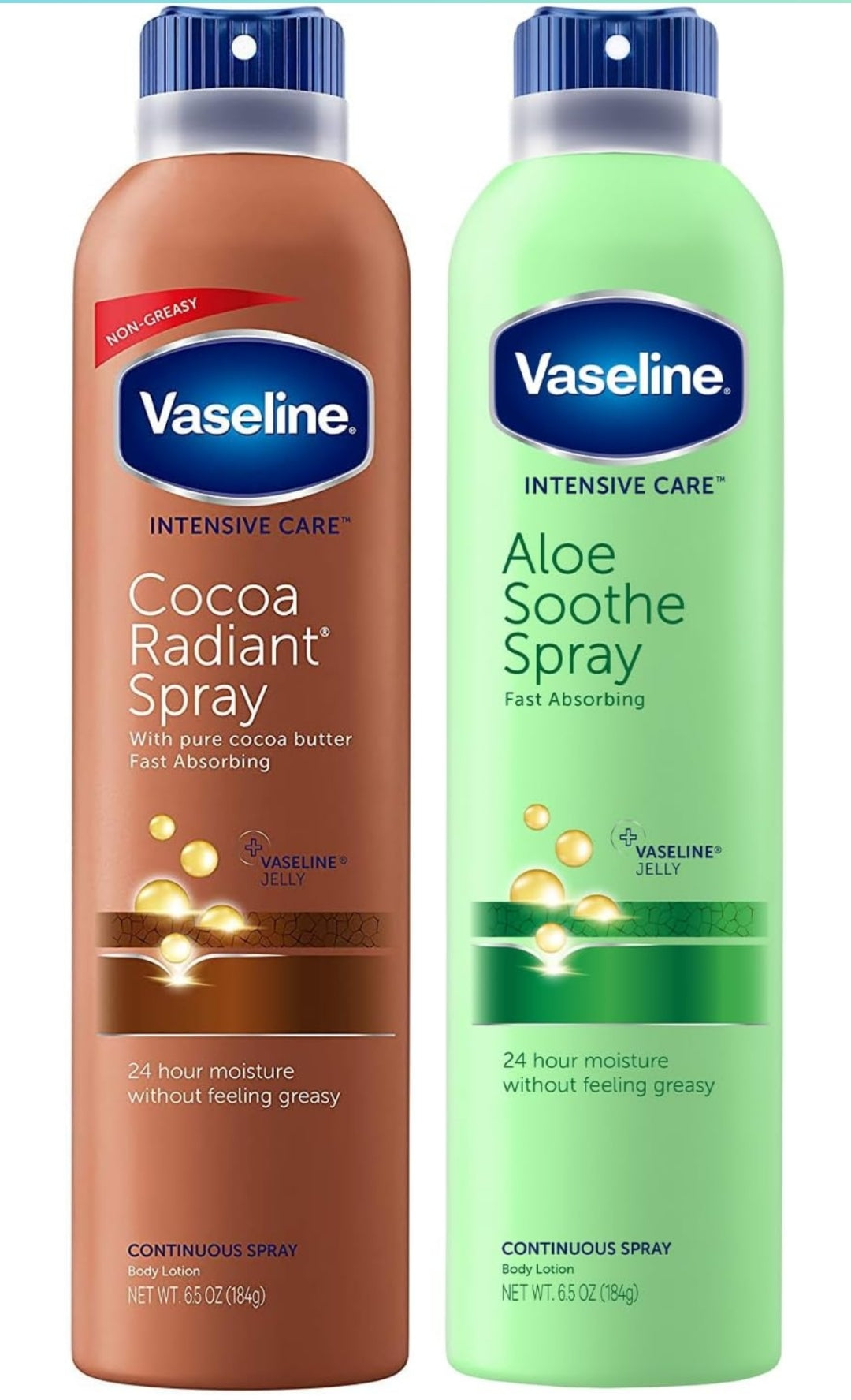 Vaseline Cocoa Radiant Spray + Aloe Soothe Spray Variety 2-Pack – Non-Greasy, Fast-Absorbing All-Over Moisturizer for Dry Skin, 6.5 Oz Ea