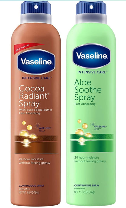 Vaseline Cocoa Radiant Spray + Aloe Soothe Spray Variety 2-Pack – Non-Greasy, Fast-Absorbing All-Over Moisturizer for Dry Skin, 6.5 Oz Ea