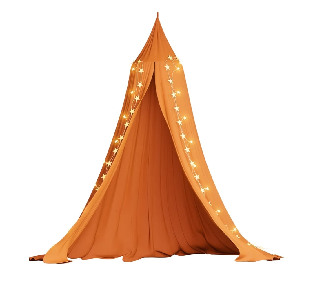 Bedhemel, Prinsesgaas Muskietnet + USB Warmwit Sterliggies & Geel Stervlag (Brandoranje)