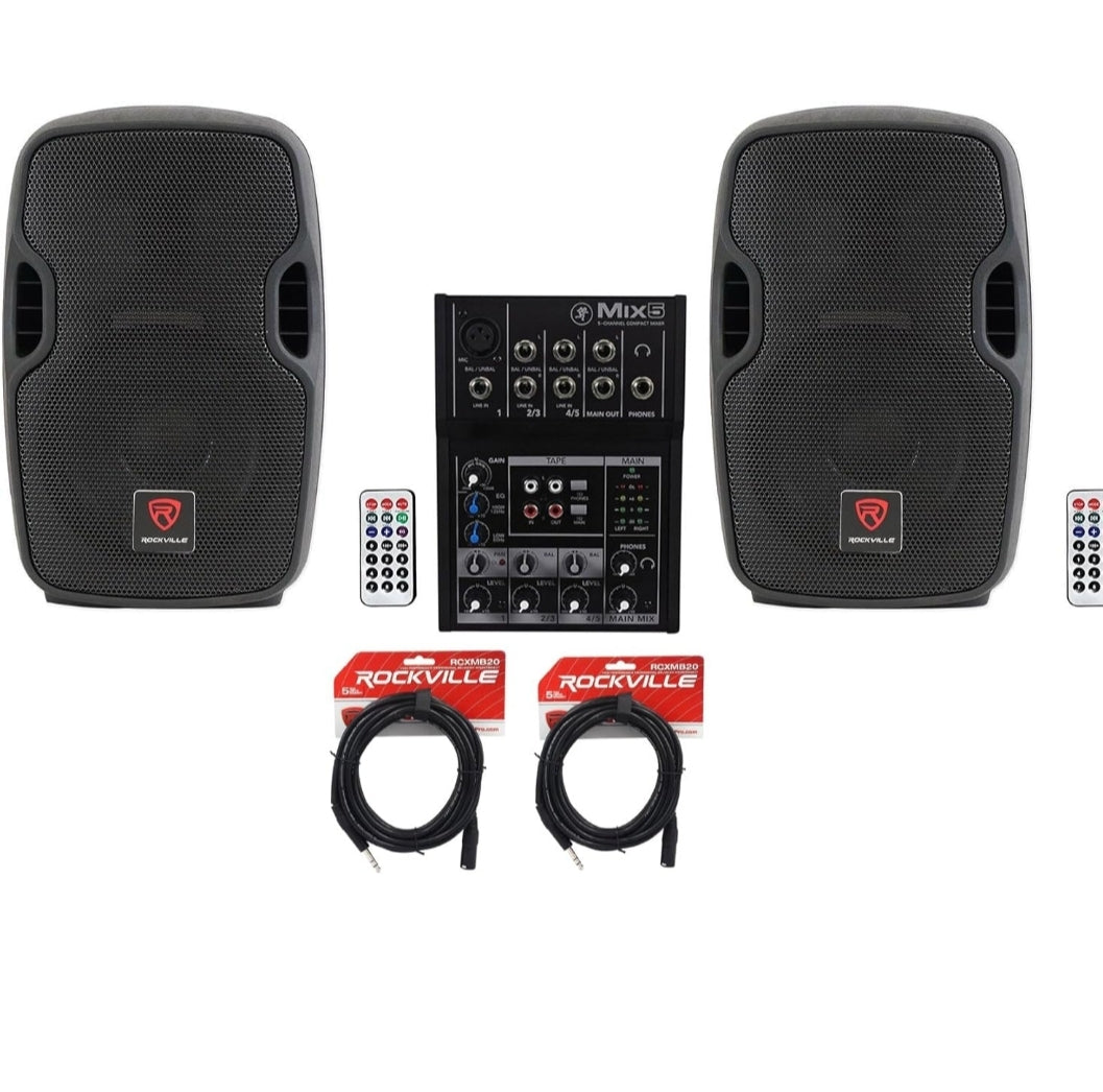 Bundle: (2) Rockville BPA8 8" 300W Speakers w/Bluetooth+ (1) Mackie Mix5 Mixer+ (2) RCXMB20B 20' XLR-TRS Cables REAN