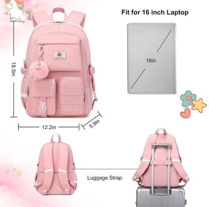 Backpack for Girls Laptop Backpacks 15.6 Inch College Cute Bookbag Anti Theft Primary Elementary School Bag Casual Daypack for Students Teens Girl Women (Pink)